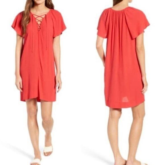 MADEWELL Mini Dress Womens Size Medium Red Ruffle Sleeve Crepe Lightweight Flowy - Picture 1 of 7